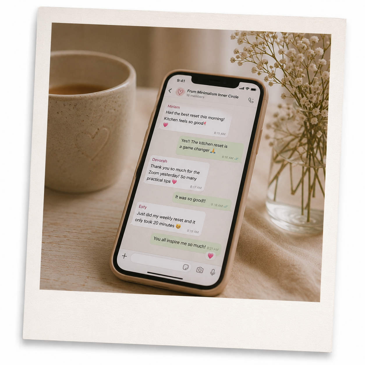 A phone showing the Frum Minimalism Inner Circle WhatsApp group