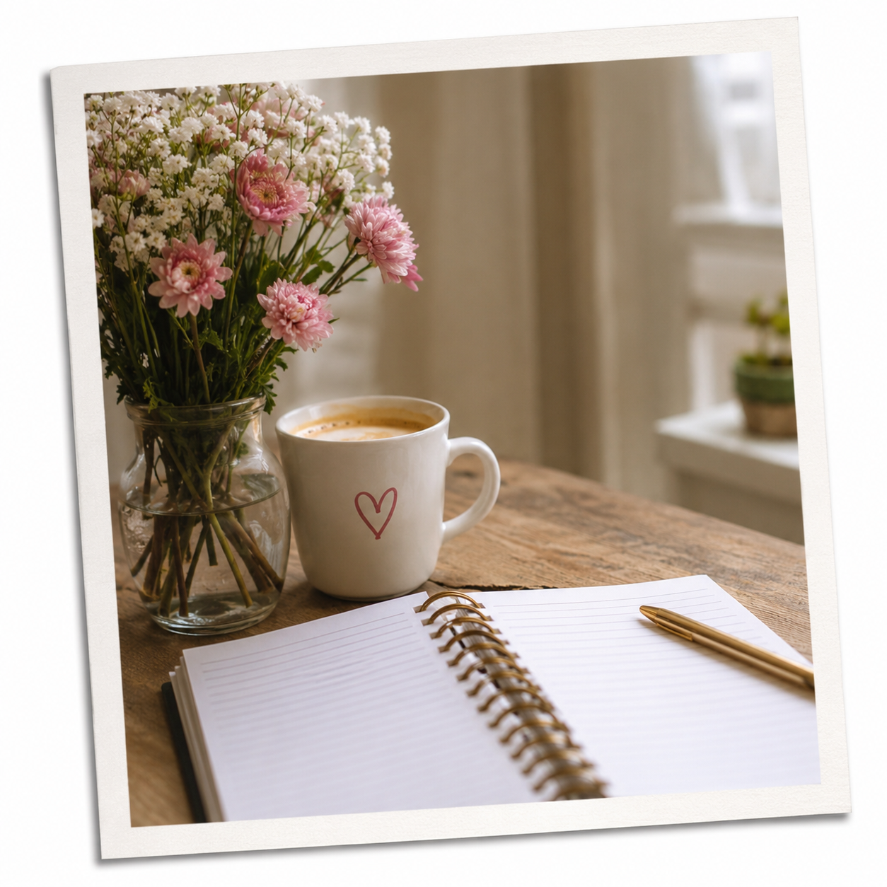 Coffee, flowers and an open planner on a wooden table